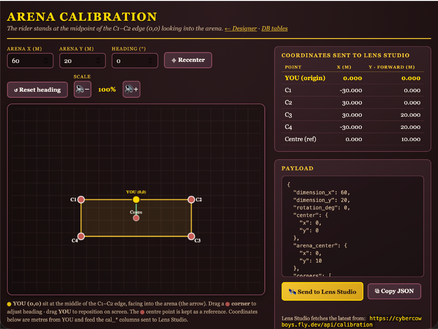 CyberCowboys arena calibration screen with dimensions, heading, and live coordinates