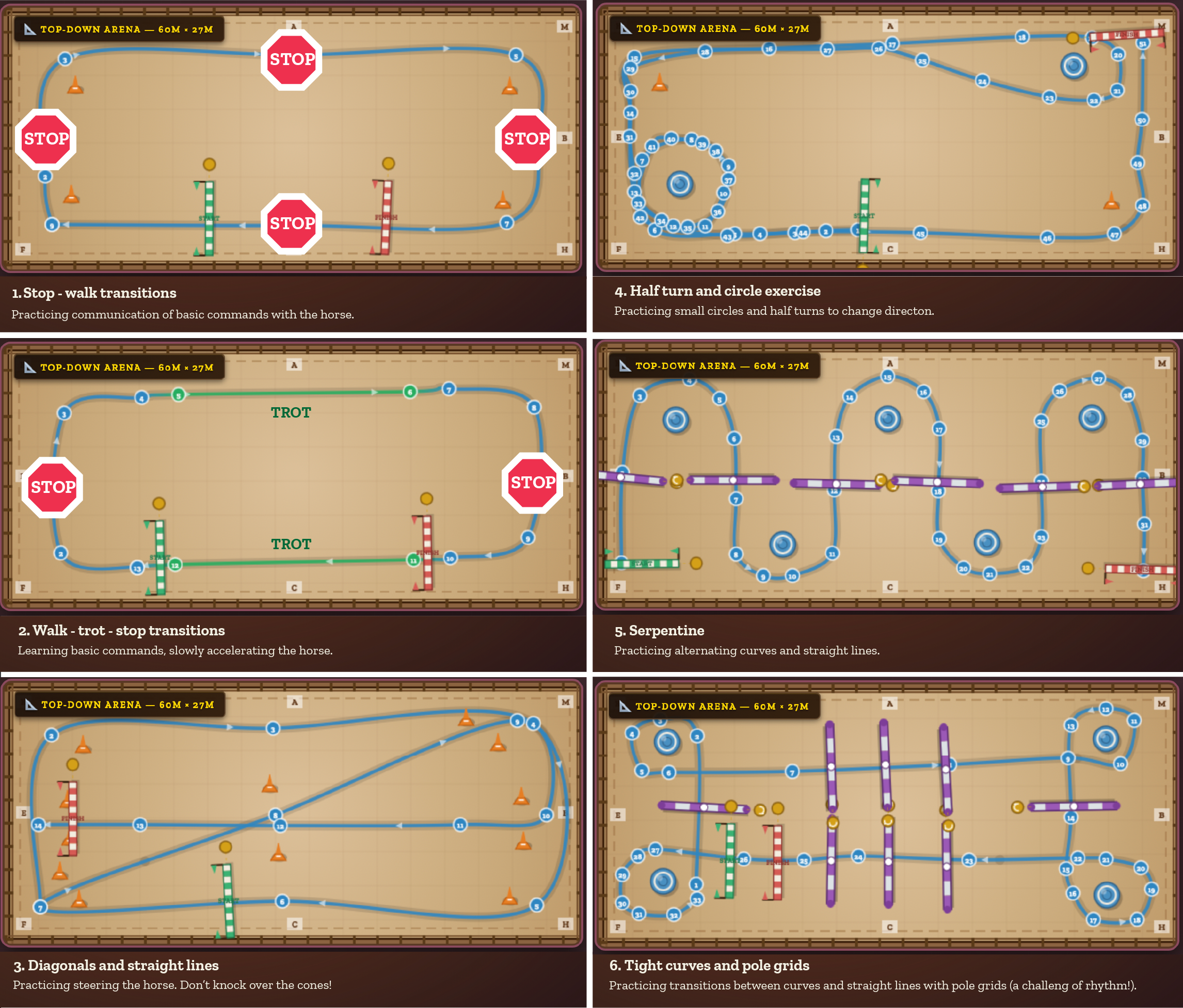 Six pre-made CyberCowboys lessons, from stop-walk transitions to tight curves and pole grids