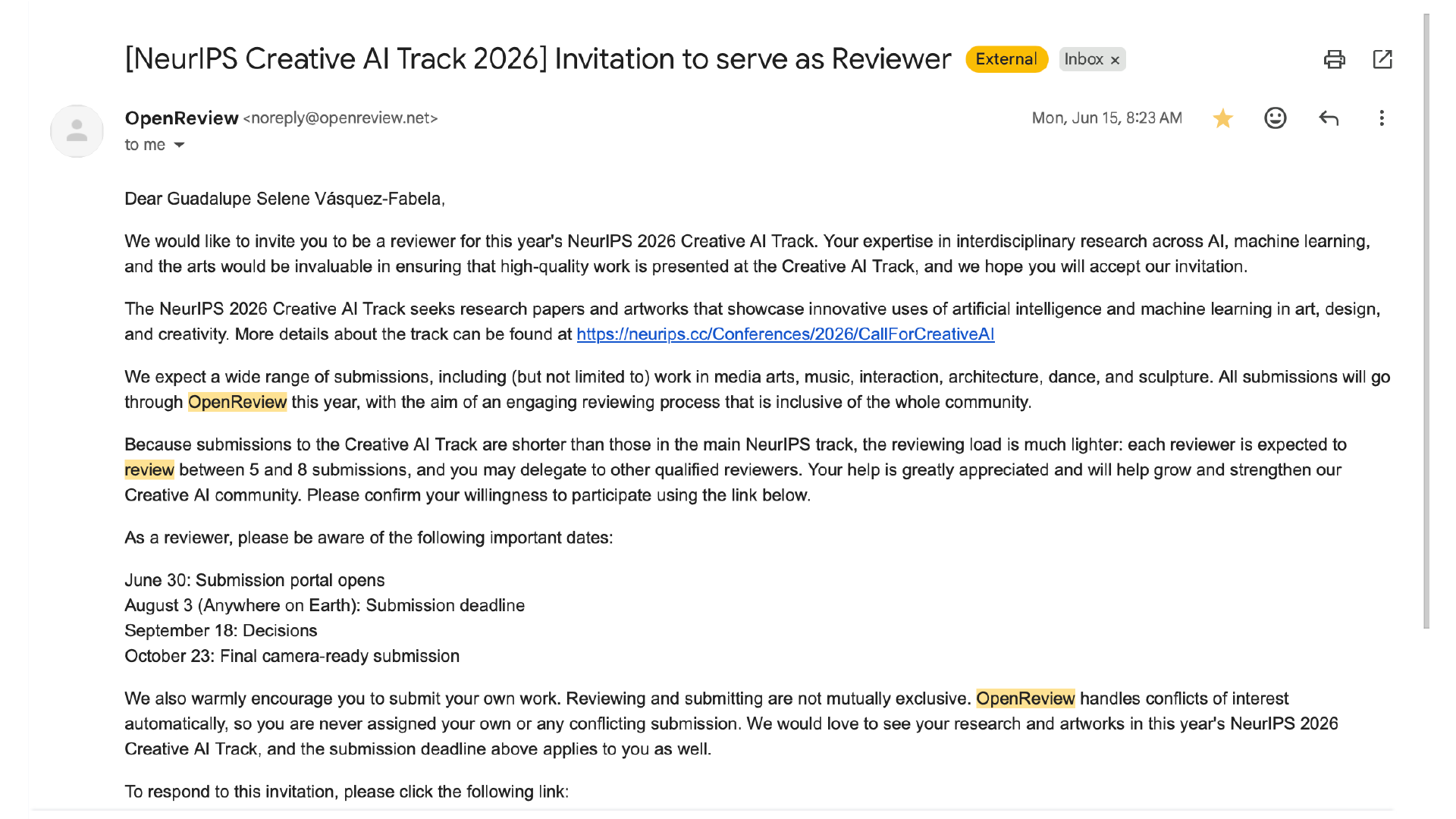 Screenshot of an email inviting the author to serve as a reviewer for the 40th NeurIPS Creative Track.